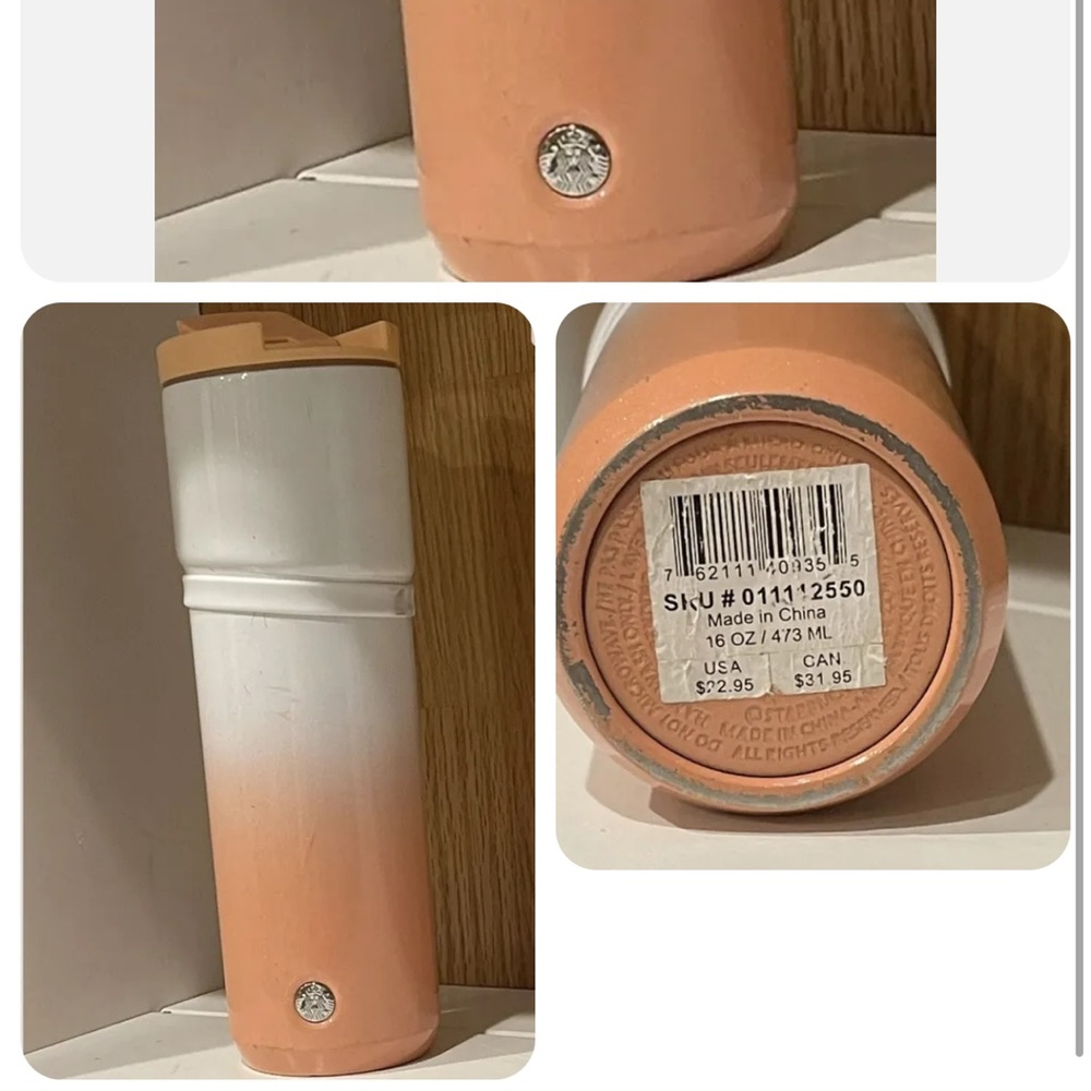 Starbucks Tumbler 2020 White Peach Ombre 16oz Vacuum Insulated Sparkles
